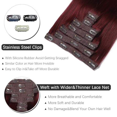 Clip in Hair Extensions Real Human Hair - Burgundy Red Color, 24 Inch 7pcs - Soft Remy Human Hair Clip in Hair Extensions Straight for Women (#99J 24 Inch)