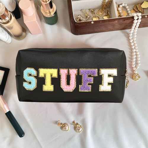 Preppy Patch Makeup Bag Chenille Letter Cosmetic Pouch, Waterproof Zipper Skincare Toiletry Travel Organizer For Women Girls, Cute Aesthetic Trendy Clutch Stuff Gifts (Black-Skin)