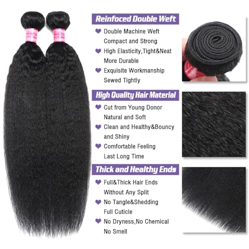 Kinky Straight Human Hair Bundles(14 16 18 Inch)100% Unprocessed Brazilian Virgin Human Hair 12A Yaki Straight 3 Bundles Hair Weft Sew In for Black Women Natural Color
