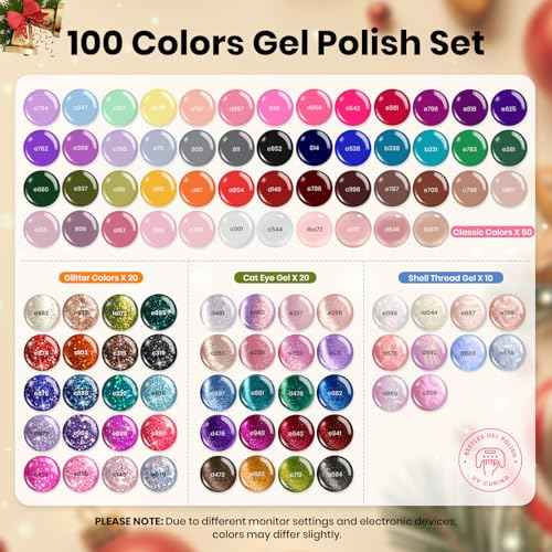 Beetles Gel Nail Polish Gift Set? Christmas Kaleidoscope 100 Vibrant Colors with Base & Top Coats Glitter Matte Glossy Finishes Cat Eye Pearl Nail Polish Nail Art Gift for Women Salon Home DIY Use