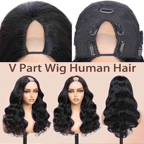 V Part Wig Human Hair Body Wave Upgrade U Part Human Hair Wig With Adjustable Drawstring 200% Density V Shape Clip In Half Wig For Women Natural Color 20 Inch