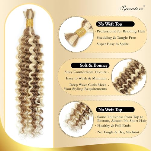 Highlighted Multi-Blonde Braiding Human Hair for Boho Knotless Braids, Ombre 27/613 Curly Braiding Hair Deep Wave Human Hair Bulk, No Weft Blonde Extensions 22 Inch 100G FULL BULK