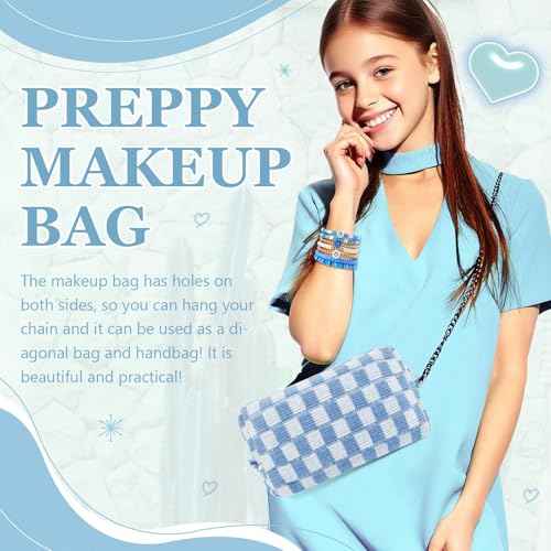 58 Pcs Checkered Makeup Bag Set Preppy Aesthetic Cosmetic Bag Travel Makeup Pouch Toiletry Bag 7 Pcs Heishi Surfer Bracelets with 50 Pcs Cute Stickers for Women Girls Teens Gift