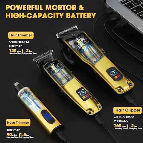 4-in-1 Hair Clippers for Men, Professional Cordless Barber Hair Cutting Kit, T-Blade Trimmer, Electric Foil Shaver, Nose Hair Trimmer, LCD Display, Grooming Gift Set (Gold)