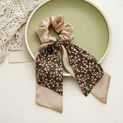 Bandana Hair Scrunchies with Ribbon Bow Scarf Scrunchies for Women, Elegant Floral Hair Ties Plaid Scarf Scrunchies (6 PCS Double Layer)
