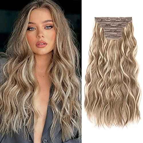 REECHO Hair Extensions, 4PCS Clip in Hair Extensions HE001 Natural Soft Synthetic Hairpieces for Women (20 Inch-200 Gram (Pack of 4), Dark Blonde with Light Blonde Highlights)