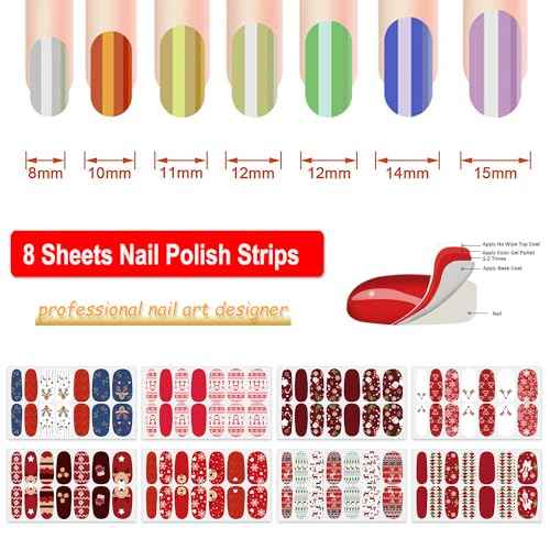DANNEASY 8 Sheets Christmas Nail Wraps Holiday Nail Polish Stickers Festival Nail Polish Strips for Women Self Adhesive Fingernail Stickers Nails with Nail File, Cuticle Stick