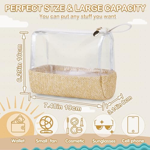 Boho Straw Makeup Bag,Small Clear Travel Cosmetic Bag Aesthetic Waterproof Portable Toiletry Bag,Preppy Cute Transparent TPU Zipper Purse Travel Beach bags sunscreen bag for Women Girls
