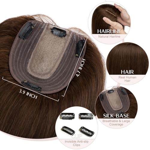 Hair Toppers for Women Real Human Hair with No Bangs Upgrade Lace Base 3.9 * 4.7 Inch Clip In Topper Hairpieces for Women #04 Chocolate Brown 8 Inch