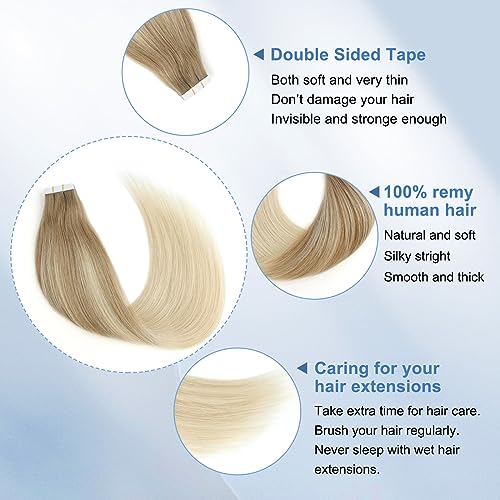 Sixstarhair Blonde Balayage Tape In Hair Extensions Seamless Skin Weft Invisible Double Sided Tape Glue In Hair for Women,Brown Fading to Ash Blonde [Color B8-60#-20 inch]