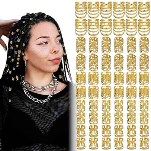 Ouligay 100Pcs Gold Hair Rings Charms for Braids Gold Hair Jewelry Adjustable Hairs Clips Braid Cuffs Accessories Decorations for Braids Locs Dreadlock Women Men Festival Pirate Decorations