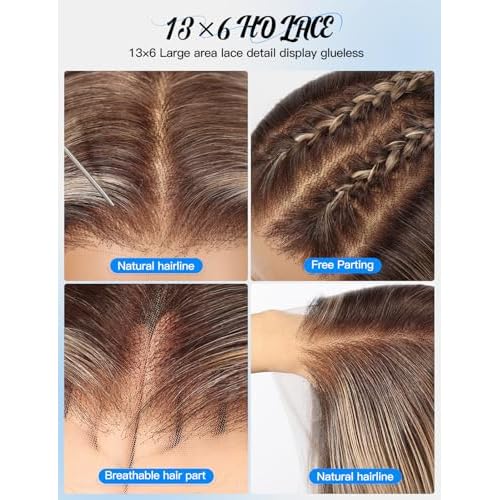HAIRCUBE 13¡¿6 Glueless Lace Front Wavy Wig, 26 Inch Lace Synthetic Wigs for Women Brown Highlights Color