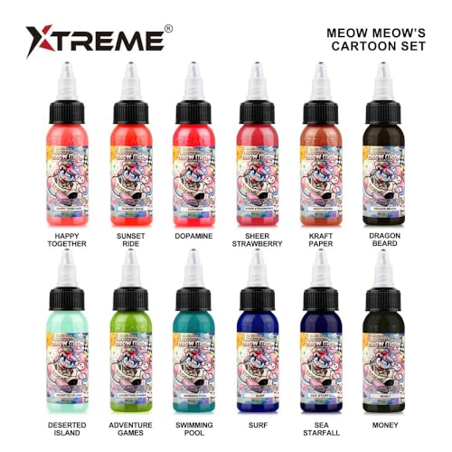 XTREME Ink Meow Meow Signature Tattoo Ink Set ? 12 Professional Colors for Illustrative, Anime & Contemporary Styles ? Vibrant Warm & Cool Tones ? Smooth Saturation (Set of 12, 0.5 oz)