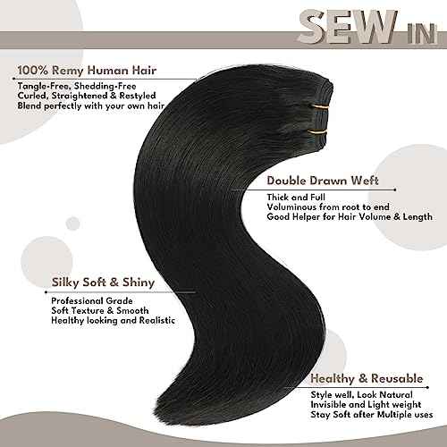 Sew in Hair Extensions Real Human hair, Silky Soft &Shiny Double Drawn Weft Hair Extensions human hair, Thick ends&Tangle Free Human hair extensions sew in,100g Straight Natural Black,16 inch
