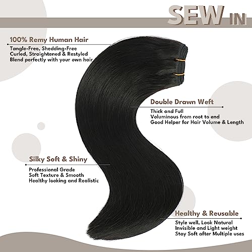 Sew in Hair Extensions Real Human hair, Silky Soft &Shiny Double Drawn Weft Hair Extensions human hair, Thick ends&Tangle Free Human hair extensions sew in,100g Straight Natural Black,18 inch