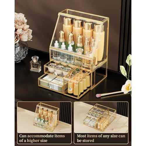 Makeup Organizer for Vanity, Clear Makeup Organizer with Drawer, Skincare Holder for Bathroom Countertop,Cosmetic Display Case for Dresser
