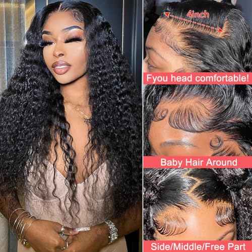 Deep Wave Lace Front Wigs Human Hair 200% Density 13x4 HD Curly Lace Frontal Glueless Wigs for Women Pre Plucked Deep Wave Natural Color (18 Inch)