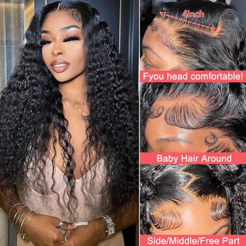 Deep Wave Lace Front Wigs Human Hair 200% Density 13x4 HD Curly Lace Frontal Glueless Wigs for Women Pre Plucked Deep Wave Natural Color (24 Inch)