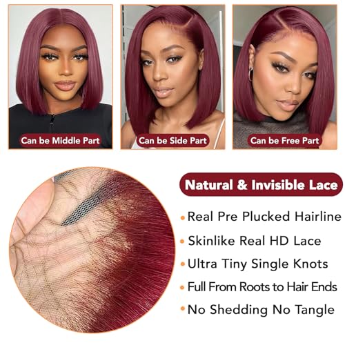 99j Burgundy Bob Wig Human Hair 13x4 HD Transparent Lace Front Wigs Human Hair 180% Density Short Bob Glueless Straight Wigs Human Hair for Women 16 Inch