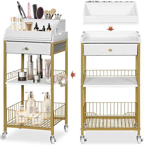 Makeup Organizer Cart with Drawer, 2-in-1 Rolling Organizer Cart with Hair Tool Holder, Vanity Storage for Skincare, Perfume, Nail Polish, Cosmetics, Gold Finish