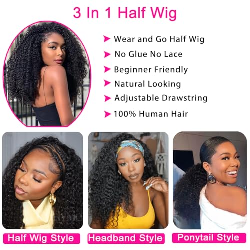 Half Wig Human Hair Water Wave Half Wig 3 in 1 Glueless Wigs 200% Density Wear and Go Wigs Seamless Flip Over with Drawstring Beginner Friendly Curly Wig Headband Wig for Women 18 Inch