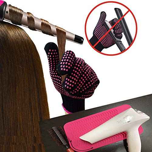 Heat Resistant Glove with Heat Resistant Mat for Curling Iron, Hair Straightener, Flat Irons, Silicone Bump Glove, 9¡± x 6.5¡± Food Grade Silicone Mat, Pink