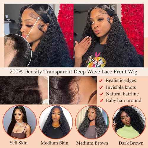 MISSJAY Hair 22 Inch Deep Wave Lace Front Wig Human Hair 200% Density 13x6 Lace Front Wig with Baby Hair Pre Plucked Deep Curly Wig 100% Unprocessed Brazilian Virgin Hair Natural Color for Women