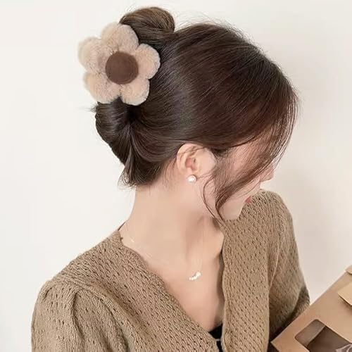 Flower Hair Clips for Women Girls Cute Kawaii Fluffy Claw Clip for Long Curly Thick Thin Hair Brown Medium Plastic Jaw Claw Clips Strong Hold Hair Catch Clamps Barrettes Headwear Hair Styling Clips