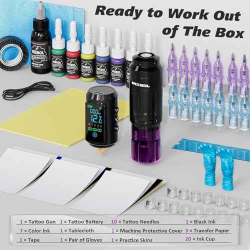 Neebol Tattoo Gun Kit for Beginners ? Wireless Tattoo Gun with 1600mAh Battery, Tattoo Pen Machine, 10 Cartridge Needles, Black & Color Ink Set, Complete Tattoo Kit