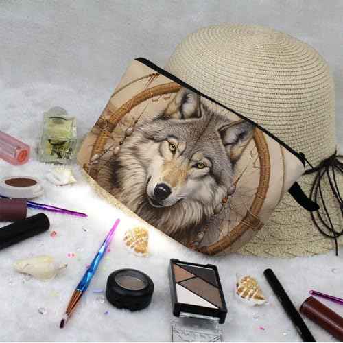 Wolf Dreamcatcher Makeup Bag Wild Wolf Small Cute Organizer Bag Zipper Pouch Wolf Print Cosmetic Bag Present for Wolf Lovers Women Friends