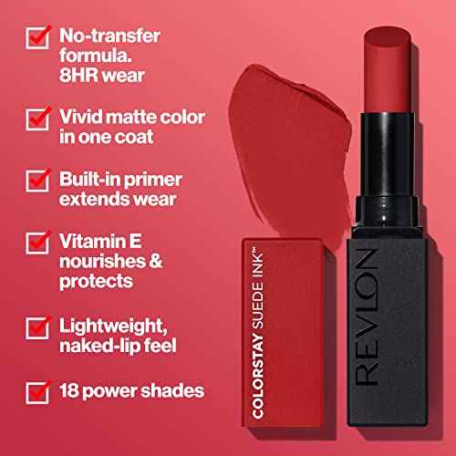 Revlon Lipstick, ColorStay Suede Ink, Built-in Primer, Stocking Stuffer for Women, Waterproof, Smudge-proof, Matte Color, 012 Power Trip, 0.09 oz