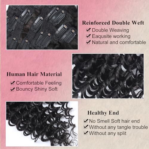 Deep Wave Clip in Hair Extensions Real Human Hair 22 Inch Deep Curly Clip ins for Women Invisible Seamless Remy Human Hair Clips in Extensions 8pcs 120g/4.2oz 20 Clips Double Weft Natural Black