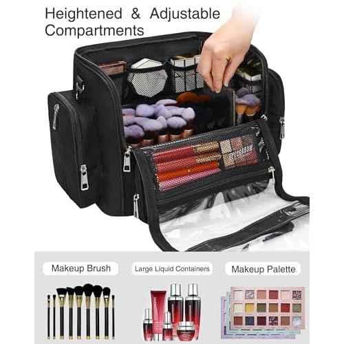 Makeup Brush Bag, Clear Makeup Brush Holder with Lid, Extra Large Capacity Travel Cosmetic Bag Makeup Artist Must Haves, Black Makeup Case, Make Up Organizers and Storage, with Adjustable Dividers