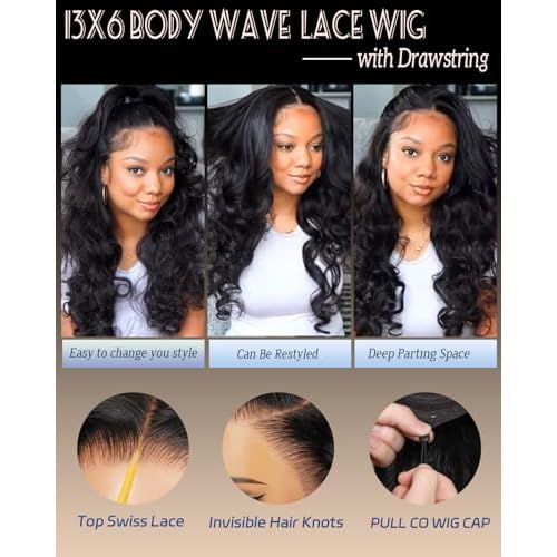 Sherico Body Wave Lace Front Wigs Human Hair Pull Go 13x6 HD Transparent Invisible Drawstring Snug Fit Glueless Curly Human Hair Wig for Women Pre Plucked Bleached Knots with Baby Hair 20 inch