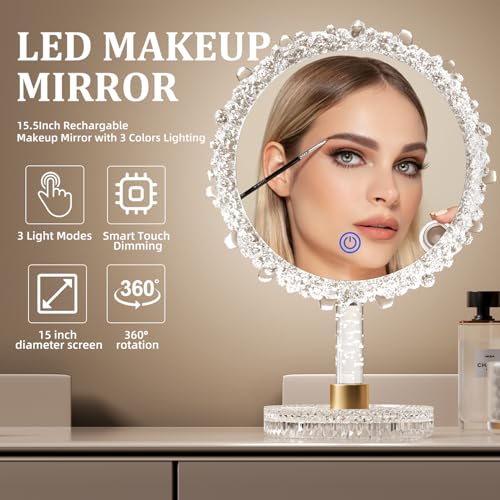 Makeup Mirror with Lights,18"x12"Large LED Lighted Makeup Mirror with Crystal Frame,3-Color Lighting Mode,Intelligent Touch Control,Rotatable,for Vanity Desk Tabletop,Bedroom,Women's Gift,White