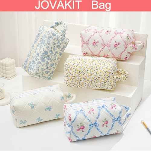 JOVAKIT Travel Makeup Bag Cosmetic Bag for Women, Fashion Christmas Gifts, Floral Flowers Coquette Toiletry Bag with Handle, Zipper Make Up Pouch Organizer Bag Trendy Stuff (Pink Bowknot)
