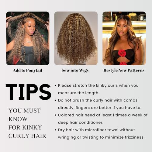 Honey Blonde Highlight Tight Kinky Curly Single Bundles Human Hair 24Inch, 100% Virgin Remy 12A Brazilian Curly Weave Bundles Human Hair Thick Track P4/27 Ombre Brown Colored Kinky Curly Bundles