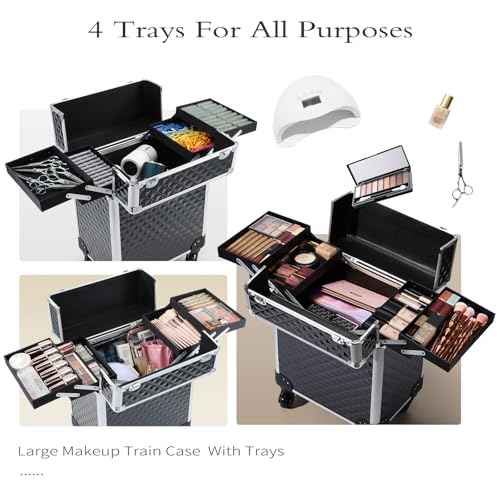 Rolling Makeup Train Case Large Cosmetic Trolley Organized Aluminum Barber Case for Hairstylist Makeup Nail Tech Salon with Keys Swivel Wheels Traveling Cart Trunk - Black