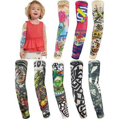 Kid Fake Tattoo Arm Sleeves Bulk, 8 PCS Boy Girl Temporary Sunscreen Tattoo Sleeve for Small Big Kids Children