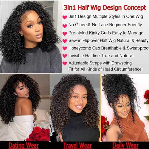 Curly Half Wig 200% Density Kinky Curly Half Wig 3 In 1 Seamless Flip Over Glueless Wigs with Drawstring Beginner Friendly Curly Wig Headband Wig for Women Daily Wear