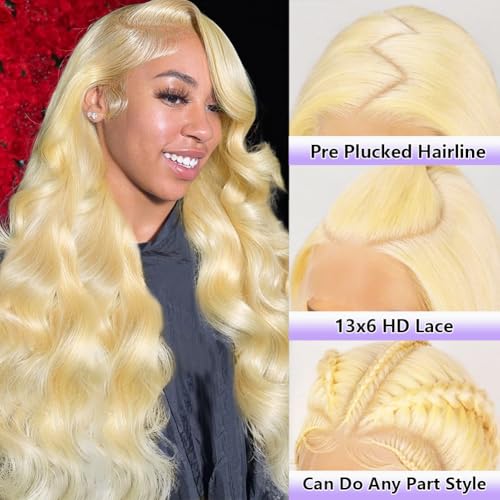 613 Lace Front Wig Human Hair 200 Density 24 Inch Blonde Wig Human Hair 613 HD Lace Frontal Wigs 13x6 Blonde Lace Front Wigs Human Hair Pre Plucked Body Wave Lace Front Wigs for Women