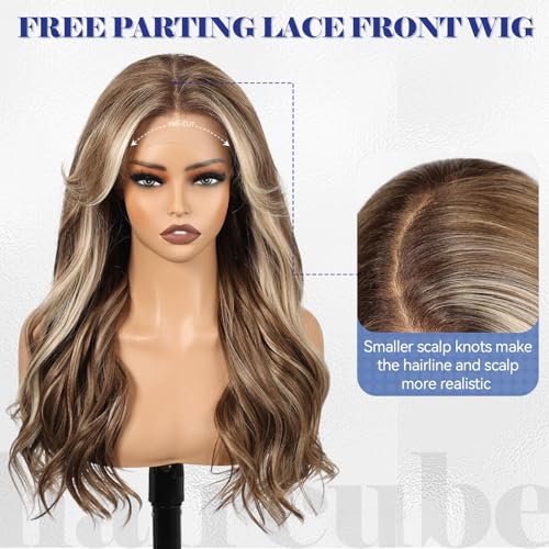 HAIRCUBE 13x6 HD Lace Front Wig Synthetic 22 Inch Brown Highlight Long Wave Layered Glueless Wig for Women, Natural Look Daily Wear