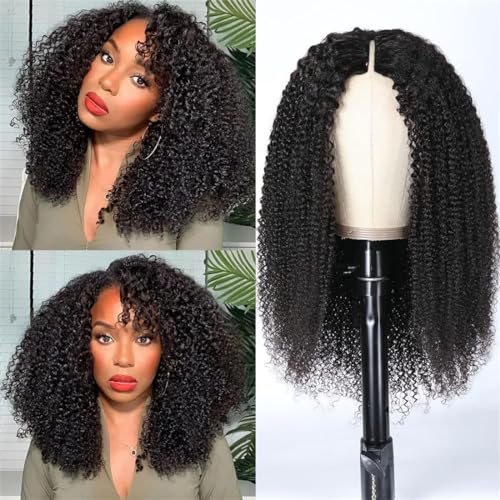 Sunber V Part Wig Human Hair Glueless Wig Kinky Curly Upgrade No Leave Out Vpart Afro Kinky Curly Wigs 150% Density Glueless Clip in Half Wigs No Glue No Sew in Beginner Friendly 16Inch