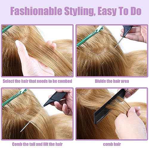 10 PCS Rat Tail Combs Set - Hair Teasing Fine Tooth Comb for Women Girls, Parting Comb for Braiding Hair Styling Tools & Appliances with Stainless Steel Pintail Carbon Fiber Heat Resistant