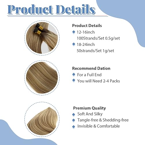 24Inch I Tip Human Hair Extensions Balayage Ash Blonde to Platinum Blonde Highlight Pre Bonded Hair Extensions Ombre Balayage 50 Strands 50G Keratin Stick Tip Remy Hair