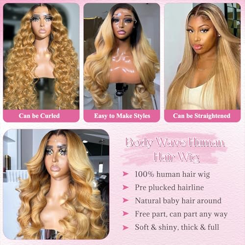 28 Inch Body Wave Lace Front Wigs Human Hair Pre Plucked Curly Wave Ombre 1B27 Glueless Wigs Human Hair 13x4 Color Natural Black to Honey Blonde Frontal Pre Plucked Real Human Hair Wig for Black Women