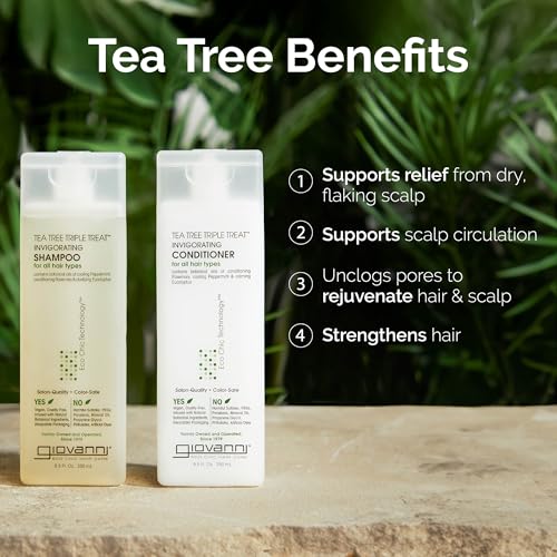 GIOVANNI Tea Tree Triple Threat Invigorating Shampoo & Conditioner Set - Cooling Peppermint, Eucalyptus, Rosemary, Helps Dry Flaking Scalp, Paraben Free, Moisturizes & Detangles - 1 gal (2 Pack)