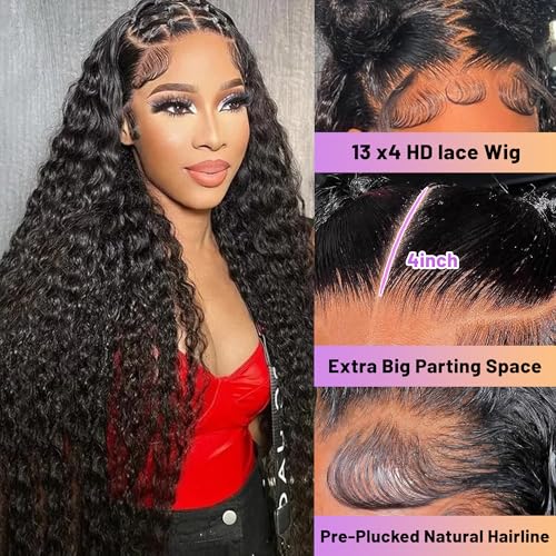 20 Inch Deep Wave Lace Front Wigs Human Hair Pre Plucked 13x4 HD Transparent Lace Frontal Wigs Human Hair 180% Density Deep Curly Glueless Wigs Human Hair for Women