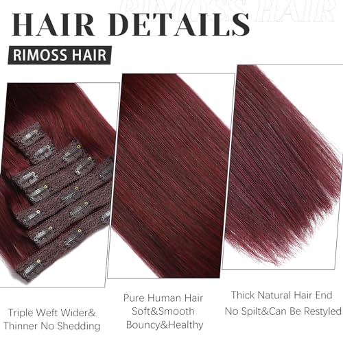 Clip in Hair Extensions Real Human Hair - Burgundy Red Color, 24 Inch 7pcs - Soft Remy Human Hair Clip in Hair Extensions Straight for Women (#99J 24 Inch)
