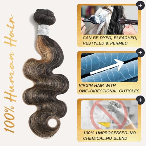 Highlight Honey Blonde Bundles Human Hair 24 Inch Body Wave Black and Blonde Balayage 1b/27 bundles 12A Brazilian Virgin Remy Hair Loose Wave Wavy Sew In Weave Ombre Single Bundle Piano Color P1b27